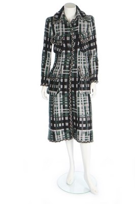 Lot 32 - A Chanel green plaid tweed coat,...