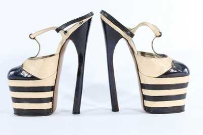 Lot 15 - A pair of black and white leather fetish shoes,...