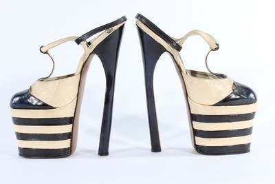 Lot 15 - A pair of black and white leather fetish shoes,...