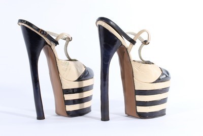 Lot 15 - A pair of black and white leather fetish shoes,...