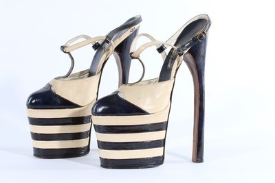 Lot 15 - A pair of black and white leather fetish shoes,...