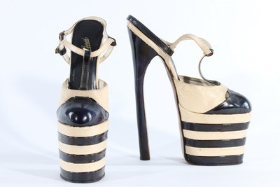 Lot 15 - A pair of black and white leather fetish shoes,...