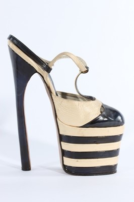 Lot 15 - A pair of black and white leather fetish shoes,...