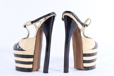 Lot 15 - A pair of black and white leather fetish shoes,...
