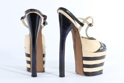 Lot 15 - A pair of black and white leather fetish shoes,...