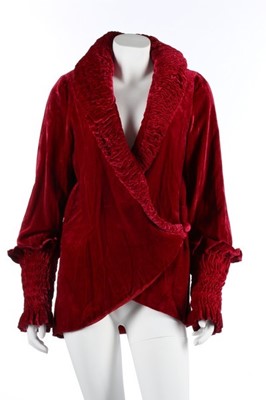 Lot 79 - An Alfred Lenief crimson velvet evening jacket,...