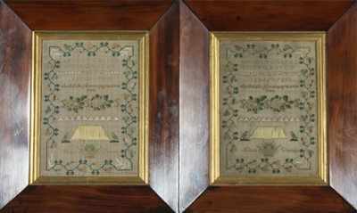Lot 133 - A pair of embroidered samplers by two sisters -...